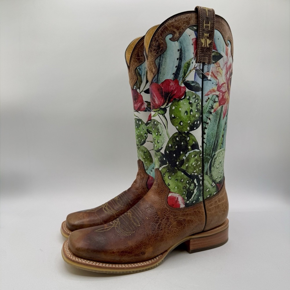 Tin Haul Cactilicious Boots Women's Size 8 Brown Distressed Leather Floral